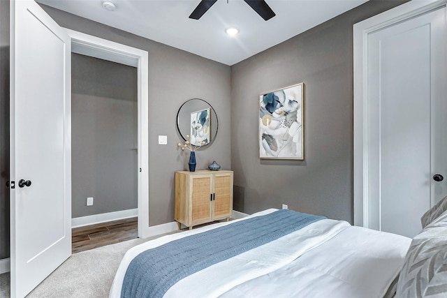 bedroom with carpet, baseboards, a ceiling fan, and recessed lighting