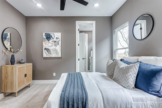 bedroom with baseboards, recessed lighting, a ceiling fan, and light colored carpet
