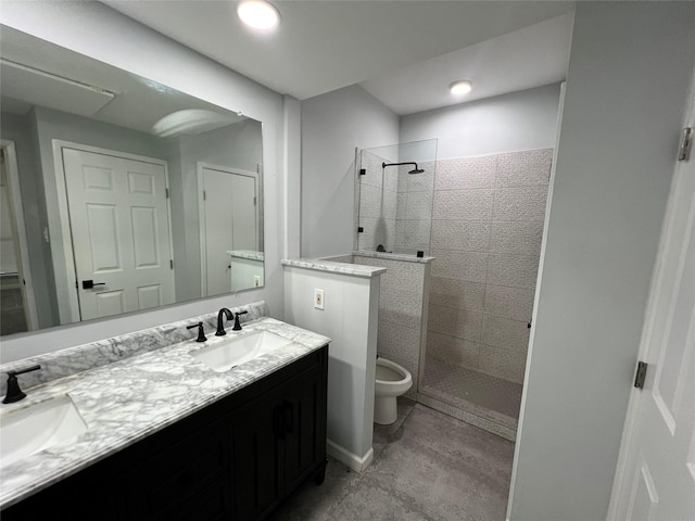 full bathroom with a walk in shower, double vanity, toilet, and recessed lighting