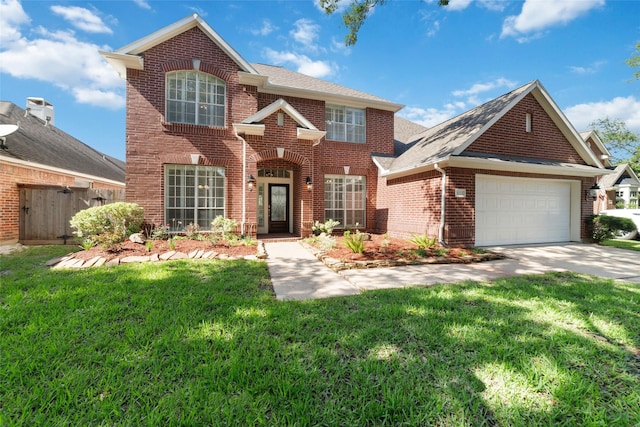 5023 Bellmead Dr, Missouri City, TX 77459 - view of front facade featuring concrete driveway, a front lawn, brick siding, and a garage