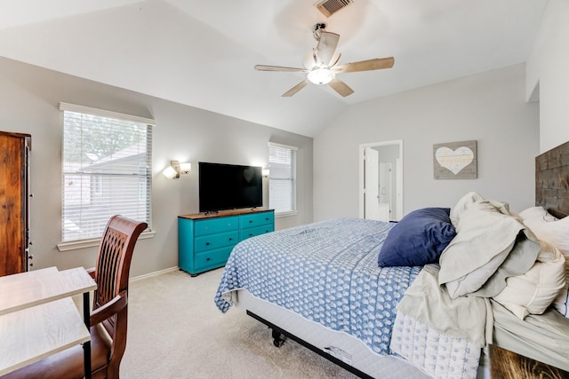 bedroom featuring a ceiling fan, baseboards, visible vents, vaulted ceiling, and light colored carpet