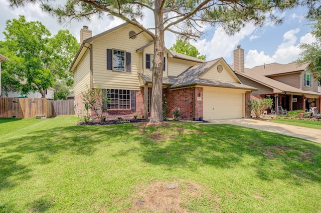 traditional home featuring a garage, a chimney, fence, brick siding, and driveway
