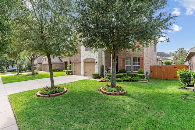 view of front facade featuring concrete driveway, a front lawn, an attached garage, and fence