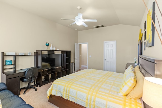 bedroom featuring ceiling fan, lofted ceiling, carpet floors, and visible vents