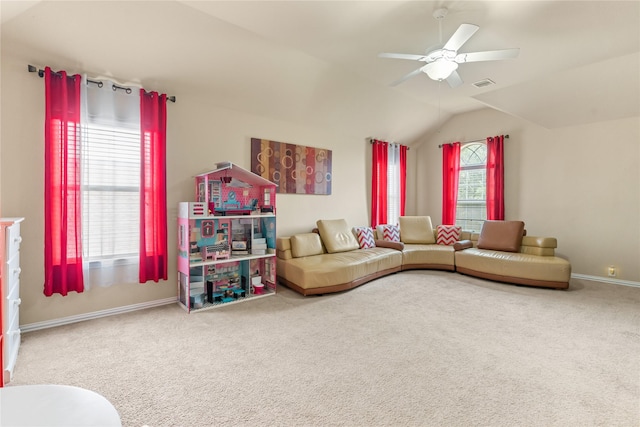 living room featuring ceiling fan, carpet, baseboards, and visible vents