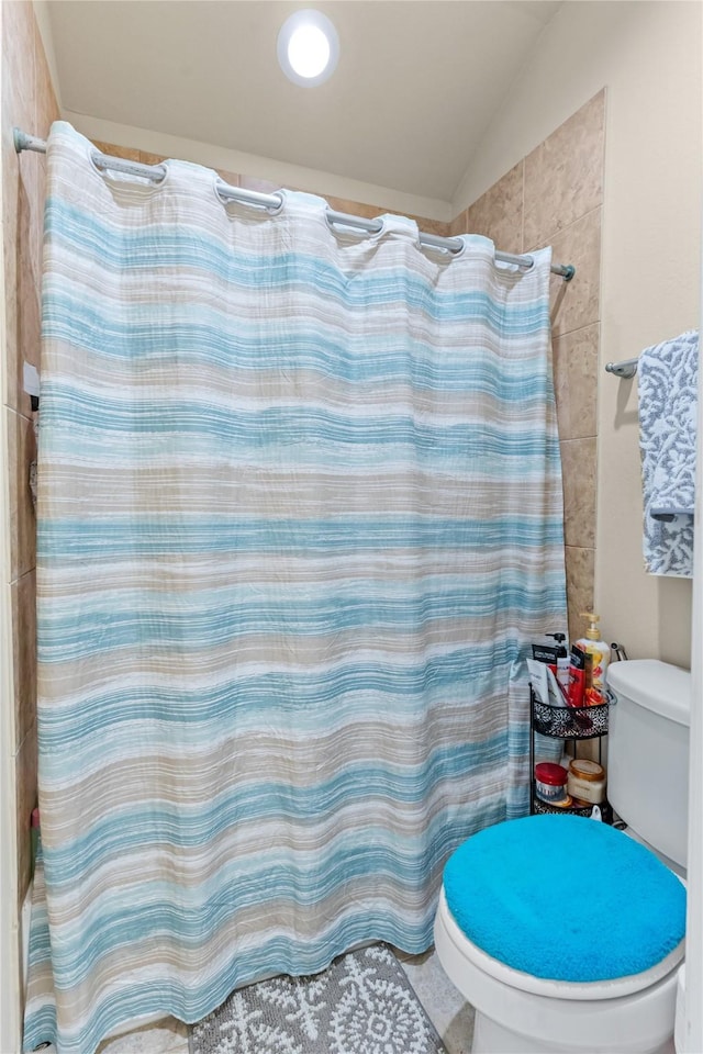 bathroom featuring lofted ceiling, a shower with curtain, and toilet