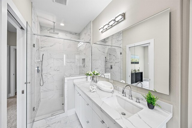 855 Prosper St, Houston, TX 77088 - bathroom with a sink, double vanity, a marble finish shower, and marble finish floor