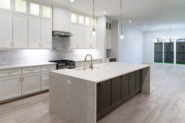 kitchen featuring a sink, stainless steel gas stove, under cabinet range hood, backsplash, and light wood-style flooring