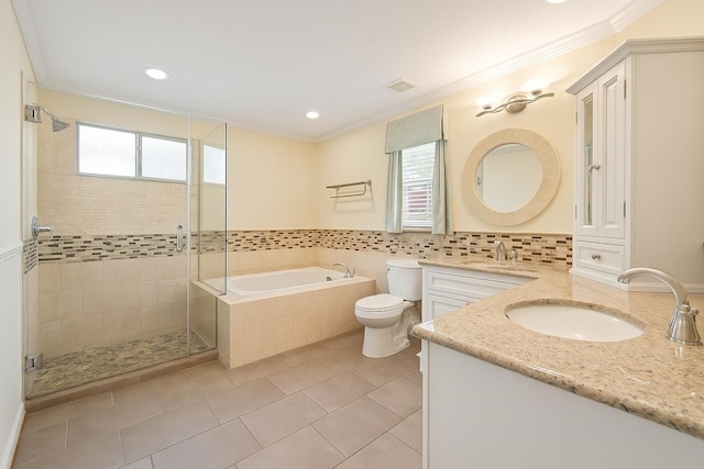 2641 Village Way Dr, Katy, TX 77493 - bathroom with a stall shower, a bath, ornamental molding, vanity, and toilet