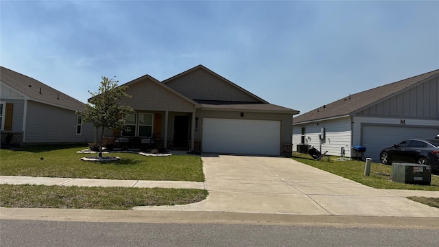 117 Avalon Dr, Huntsville, TX 77320 - ranch-style home with a porch, driveway, a garage, a front lawn, and board and batten siding