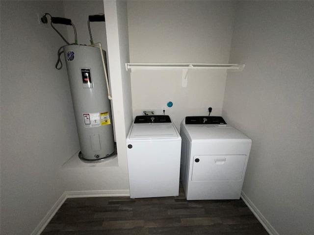 117 Avalon Dr, Huntsville, TX 77320 - clothes washing area featuring independent washer and dryer, water heater, laundry area, dark wood finished floors, and baseboards