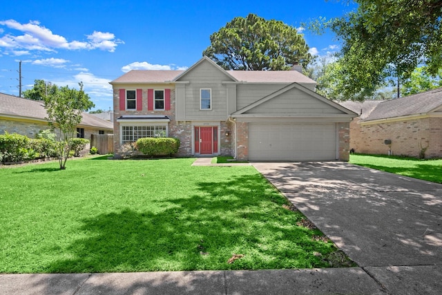 12522 Bent Pine Dr, Cypress, TX 77429 - traditional-style home with an attached garage, a chimney, a front lawn, concrete driveway, and brick siding
