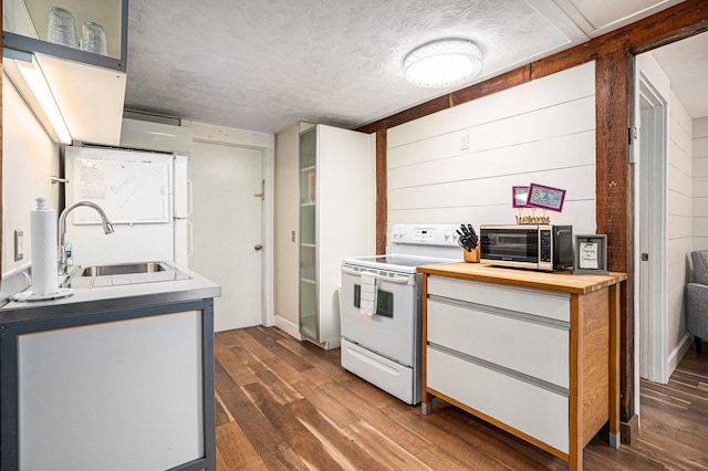 kitchen with wood counters, dark wood-style flooring, white appliances, and a sink