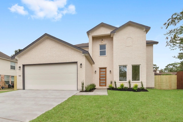 19119 Emory Trl, Spring, TX 77388 - view of front of property with fence, an attached garage, brick siding, concrete driveway, and a front yard