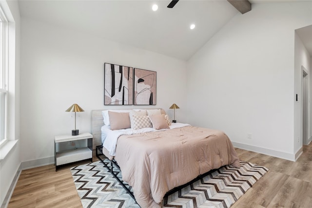 bedroom featuring high vaulted ceiling, beam ceiling, baseboards, light wood-style floors, and recessed lighting