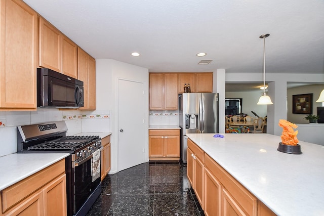 kitchen with recessed lighting, light countertops, granite finish floor, decorative backsplash, and appliances with stainless steel finishes