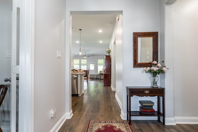 29411 Barker Meadow Ln, Katy, TX 77494 - hall featuring dark wood finished floors, baseboards, and recessed lighting