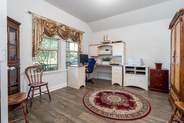 29411 Barker Meadow Ln, Katy, TX 77494 - office space with vaulted ceiling, dark wood-type flooring, and baseboards