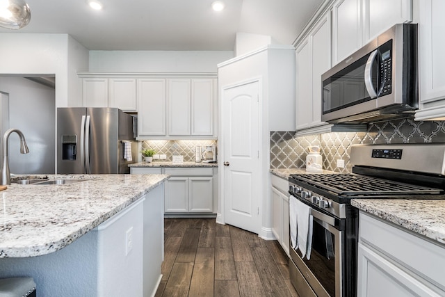 29411 Barker Meadow Ln, Katy, TX 77494 - kitchen with stainless steel appliances, dark wood-style floors, a sink, recessed lighting, and light stone counters
