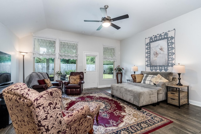 29411 Barker Meadow Ln, Katy, TX 77494 - living room with wood finished floors, a ceiling fan, vaulted ceiling, and baseboards