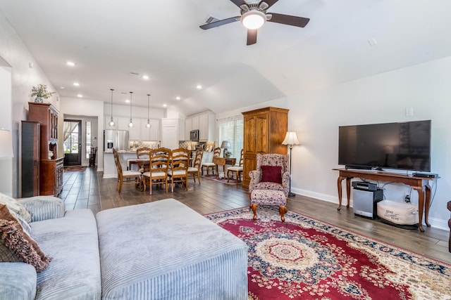 29411 Barker Meadow Ln, Katy, TX 77494 - living room featuring ceiling fan, dark wood-type flooring, lofted ceiling, and baseboards
