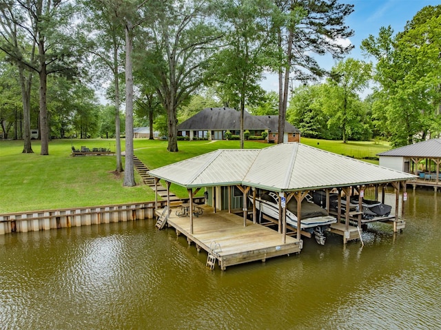 23196 J E B Cir, Frankston, TX 75763 - dock area with boat lift, a water view, view of wooded area, and a yard