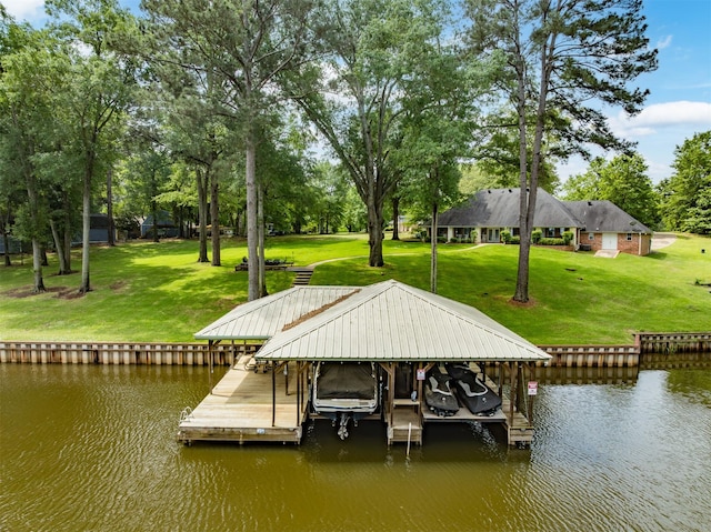 23196 J E B Cir, Frankston, TX 75763 - dock featuring boat lift, a water view, and a lawn