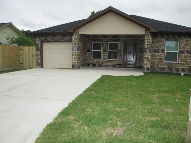 721 E Fayle St, Baytown, TX 77520 - view of front of house with an attached garage, a front lawn, stone siding, and driveway