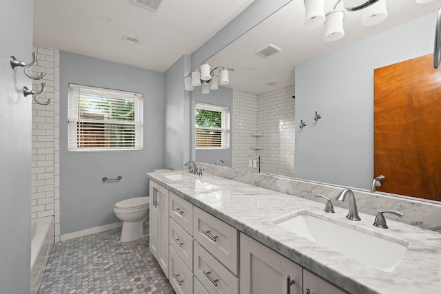 2218 Stonecrest, Houston, TX 77018 - bathroom featuring double vanity, plenty of natural light, toilet, and shower / bathtub combination