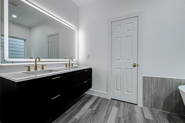 bathroom with wood finished floors and double vanity