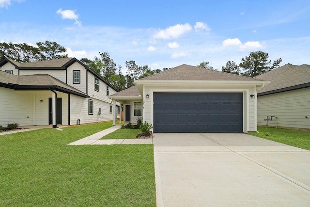 view of front facade featuring a front yard, an attached garage, and driveway