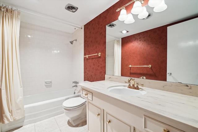 bathroom with toilet, shower / tub combo, tile patterned floors, visible vents, and vanity