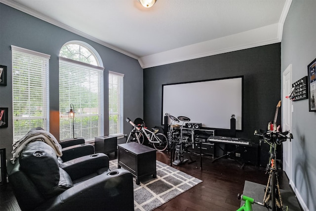 cinema with crown molding and wood finished floors