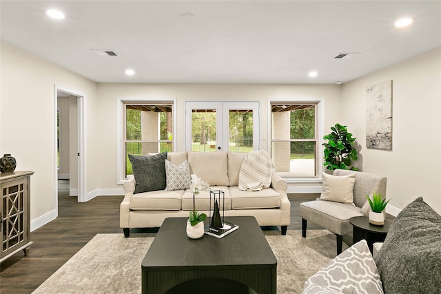 living room with french doors, plenty of natural light, baseboards, and wood finished floors