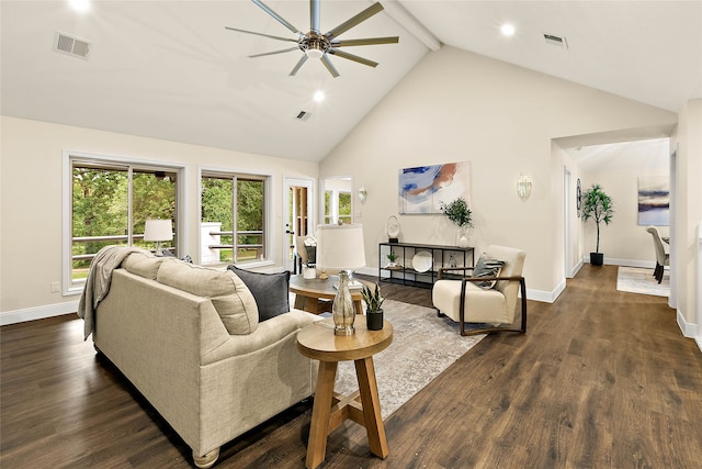living area featuring a ceiling fan, baseboards, dark wood-style flooring, visible vents, and high vaulted ceiling