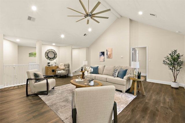 living room featuring ceiling fan, beam ceiling, visible vents, and dark wood-style flooring