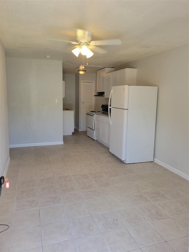 kitchen featuring white cabinetry, baseboards, a ceiling fan, and white appliances