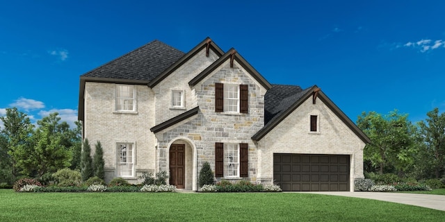 14126 Sacra Vw, Cypress, TX 77433 - french country inspired facade with stone siding, a garage, a front yard, brick siding, and driveway