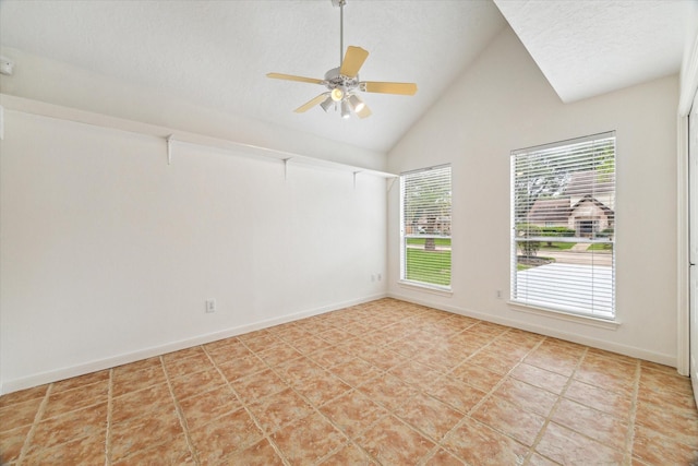 unfurnished room featuring a ceiling fan, baseboards, a textured ceiling, and high vaulted ceiling