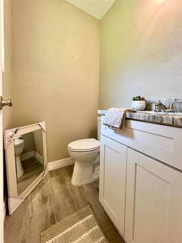 bathroom featuring toilet, lofted ceiling, and wood finish floors