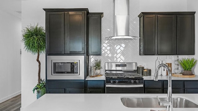 3119 Crown Gate Dr, Houston, TX 77047 - kitchen featuring a sink, decorative backsplash, wall chimney range hood, light countertops, and appliances with stainless steel finishes