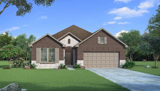 6126 Severson Lk, Katy, TX 77493 - view of front of house featuring stone siding, concrete driveway, a shingled roof, a front yard, and brick siding