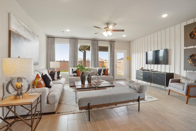 6126 Severson Lk, Katy, TX 77493 - living room featuring a ceiling fan, visible vents, recessed lighting, and wood finished floors