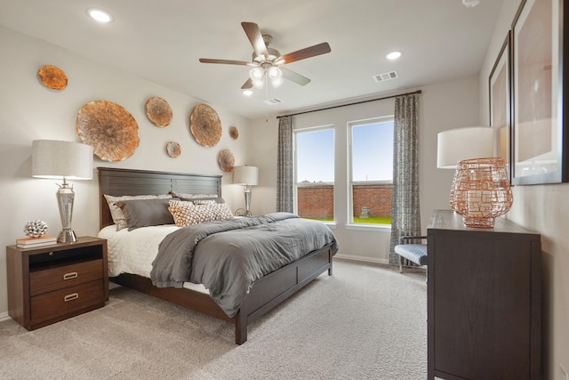 6126 Severson Lk, Katy, TX 77493 - bedroom featuring a ceiling fan, recessed lighting, baseboards, visible vents, and light colored carpet