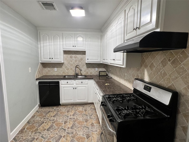 kitchen featuring under cabinet range hood, stainless steel gas range, black dishwasher, visible vents, and a sink