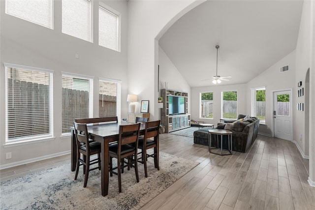 1226 Tilia Creek Ln, Montgomery, TX 77316 - dining area featuring high vaulted ceiling, arched walkways, baseboards, light wood finished floors, and a ceiling fan