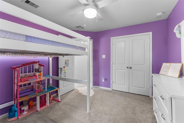 1226 Tilia Creek Ln, Montgomery, TX 77316 - bedroom with light colored carpet, ceiling fan, a closet, and baseboards