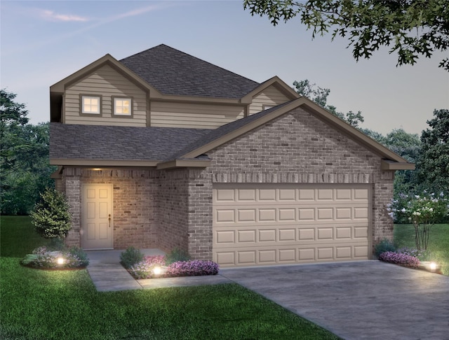 traditional home featuring an attached garage, concrete driveway, a shingled roof, a front lawn, and brick siding