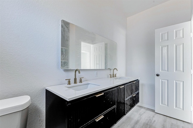 bathroom featuring double vanity, toilet, wood finished floors, and a sink