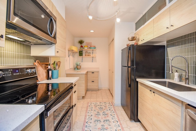 kitchen with a sink, stainless steel appliances, open shelves, and light brown cabinets